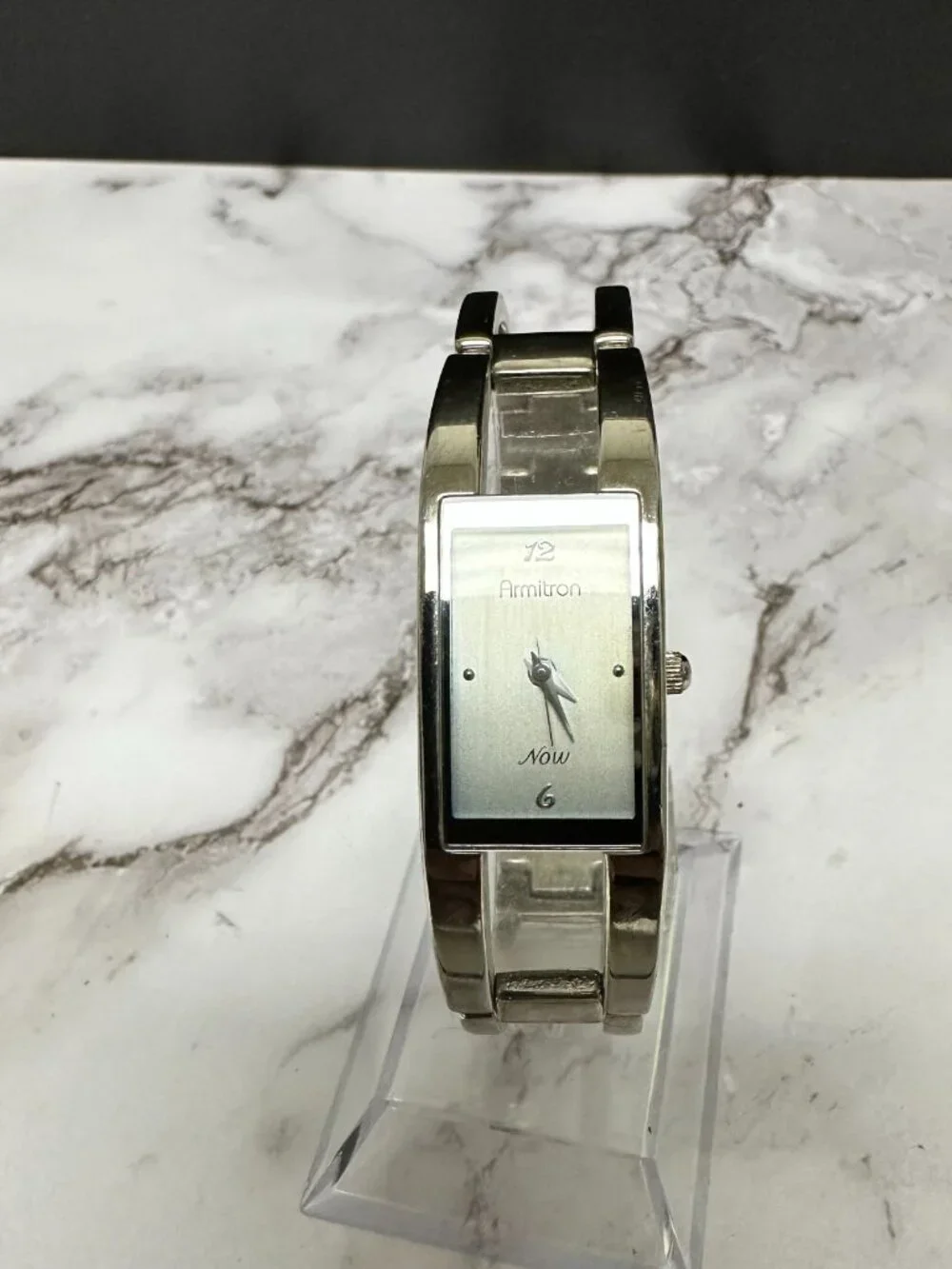 Armitron Watch Women Silver Tone Rectangle Case Bangle Band New Battery 7 Inch